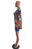 Colour Casual Print Patchwork O Neck Short Sleeve Two Pieces