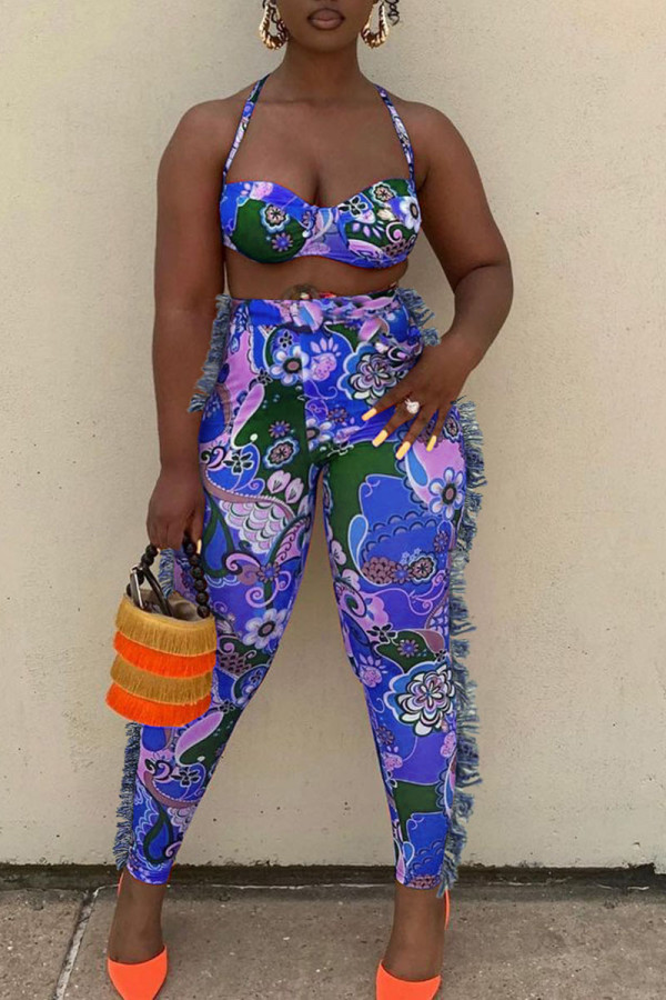 Blue Sexy Print Tassel Patchwork Spaghetti Strap Sleeveless Two Pieces