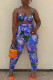 Blue Sexy Print Tassel Patchwork Spaghetti Strap Sleeveless Two Pieces