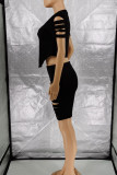 Black Casual Solid Hollowed Out Patchwork Asymmetrical O Neck Short Sleeve Two Pieces