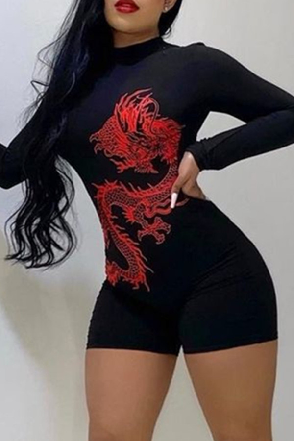 Black Fashion Sexy Print Backless Half A Turtleneck Skinny Romper