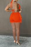 Tangerine Red Sexy Solid Patchwork Halter Sleeveless Two Pieces