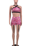 Pink Sexy Striped Print Patchwork Sleeveless Two Pieces