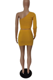 Yellow Sexy Print Letter One Shoulder Long Sleeve Two Pieces
