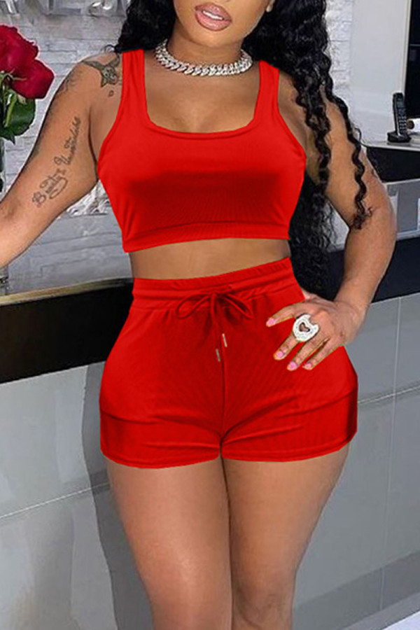 Red Casual Solid Patchwork U Neck Sleeveless Two Pieces