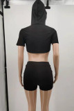 Black Fashion Casual Solid Asymmetrical Hooded Collar Short Sleeve Two Pieces