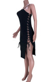 Pink Sexy Solid Patchwork Frenulum Spaghetti Strap Pencil Skirt Dresses