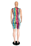 Rose Red Sexy Print Patchwork Zipper Collar Skinny Rompers