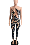 Black Sexy Print Patchwork One Shoulder Skinny Jumpsuits