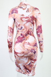 Colour Sexy Print Patchwork Half A Turtleneck Pencil Skirt Dresses