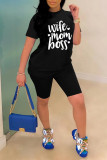 Blue Fashion Casual Letter Print Basic O Neck Short Sleeve Two Pieces