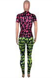 Pink Yellow Fashion Casual Print Basic O Neck Short Sleeve Two Pieces