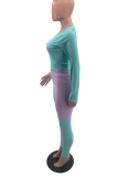 Blue Casual Color Block Patchwork O Neck Long Sleeve Two Pieces