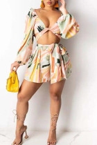 Yellow Pink Sexy Print Bandage Split Joint V Neck Long Sleeve Two Pieces