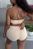 Apricot Casual Solid Patchwork Frenulum Halter Sleeveless Two Pieces