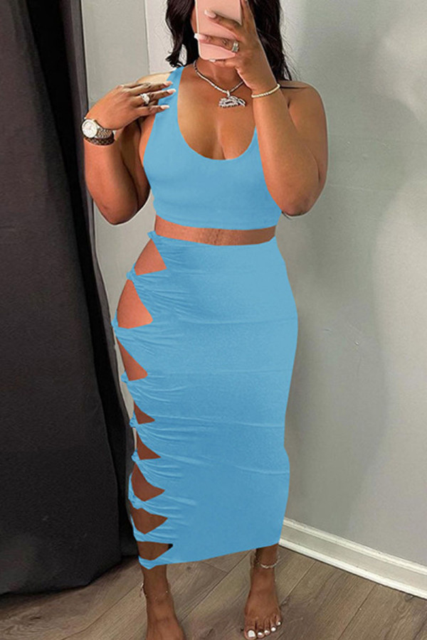 Blue Sexy Solid Hollowed Out Patchwork Knotted U Neck Two Pieces