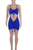 Color Blue Sexy Solid Split Joint Draw String Fold Spaghetti Strap Pencil Skirt Dresses