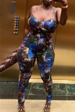 Blue Sexy Print Patchwork Spaghetti Strap Skinny Jumpsuits