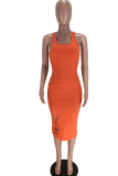 Tangerine Red Sexy Solid Ripped U Neck Pencil Skirt Dresses