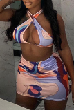 Pink Sexy Print Hollowed Out Patchwork Swimwears