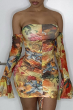 Gold Sexy Print Patchwork Off the Shoulder Pencil Skirt Dresses