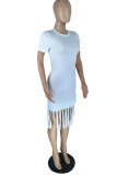 Pink Fashion Casual Solid Tassel O Neck Short Sleeve Dress