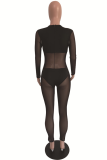 Black Sexy Solid Mesh O Neck Skinny Jumpsuits
