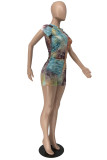 Multicolor Fashion Casual Tie Dye Printing Zipper Collar Skinny Romper