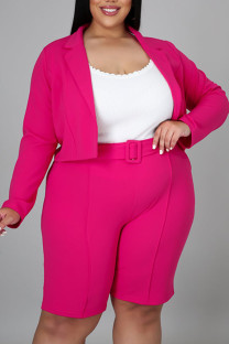 Rose Red Casual Solid Split Joint Turn-back Collar Plus Size Two Pieces
