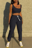Yellow Casual Sportswear Solid Vests Pants U Neck Sleeveless Two Pieces