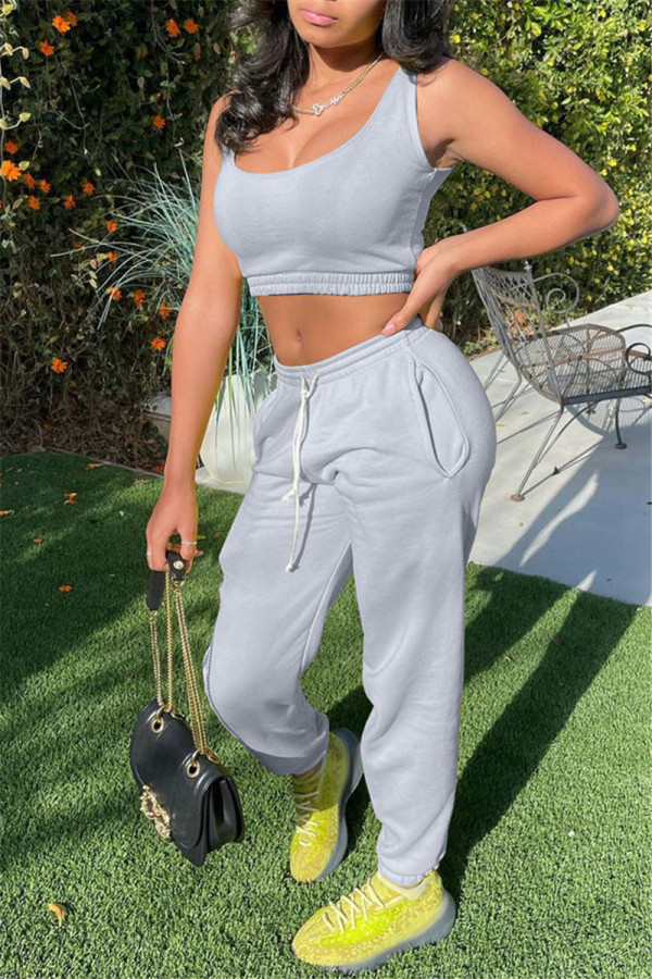 Grey Casual Sportswear Solid Vests Pants U Neck Sleeveless Two Pieces