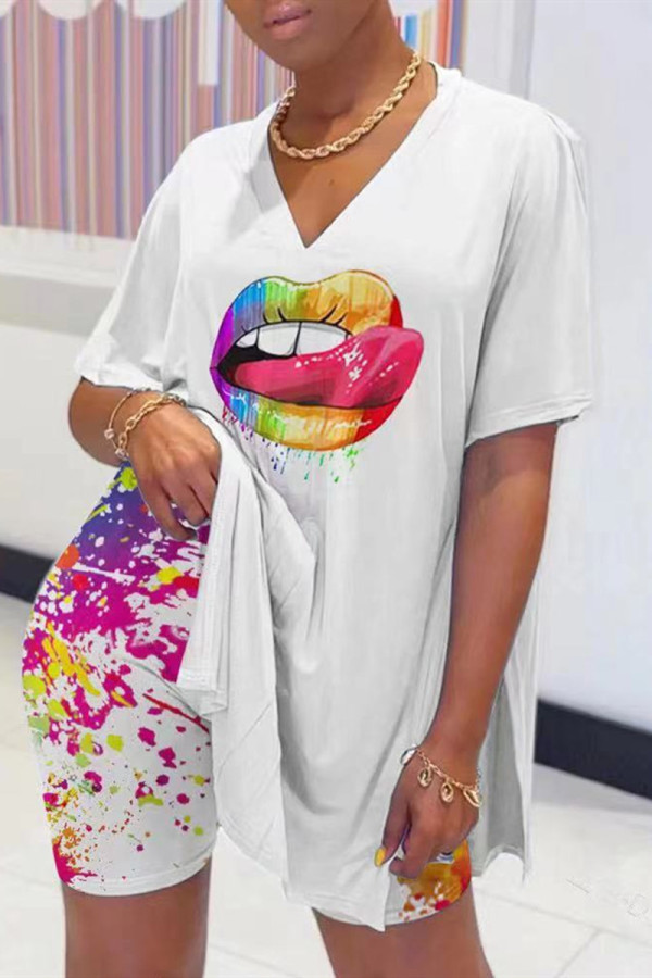White Fashion Casual Lips Printed Slit V Neck Short Sleeve Two Pieces