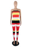 Red Fashion Sexy Striped Print Backless Strapless Regular Jumpsuits