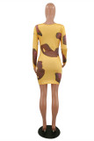 Light Green Fashion Sexy Print Bandage Hollowed Out O Neck Long Sleeve Dresses