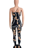 Black Sexy Print Patchwork One Shoulder Skinny Jumpsuits