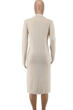 Apricot Fashion Casual Solid Buckle Turndown Collar Long Sleeve Dresses