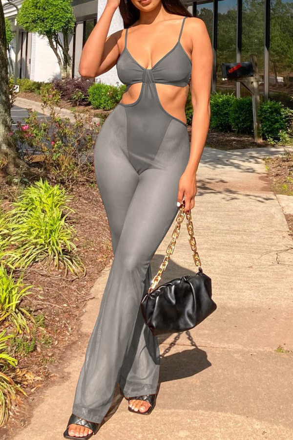 Grey Fashion Sexy Patchwork See-through Backless Spaghetti Strap Regular Jumpsuits
