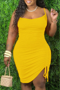 Yellow Daily Solid U Neck A Line Dresses