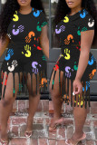 Pink Fashion Casual Print Tassel O Neck Short Sleeve Two Pieces