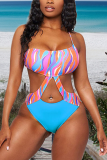 Blue Sexy Print Hollowed Out Draw String Swimwears