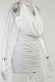 White Celebrities Solid Split Joint Frenulum Backless Halter Pencil Skirt Dresses
