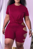 Red Sexy Solid Ripped Bandage O Neck Short Sleeve Two Pieces