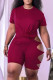 Rose Red Sexy Solid Ripped Bandage O Neck Short Sleeve Two Pieces