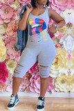 Black Fashion Casual Lips Printed Ripped O Neck Regular Romper