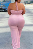 Pink Sexy Casual Solid Backless Without Belt Halter Plus Size Jumpsuits