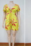 Yellow Sexy Print Split Joint V Neck Plus Size Jumpsuits