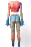 Multicolor Sexy Print Patchwork V Neck Long Sleeve Two Pieces
