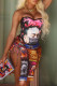 Red Fashion Sexy Print Backless Slit Strapless Sleeveless Two Pieces