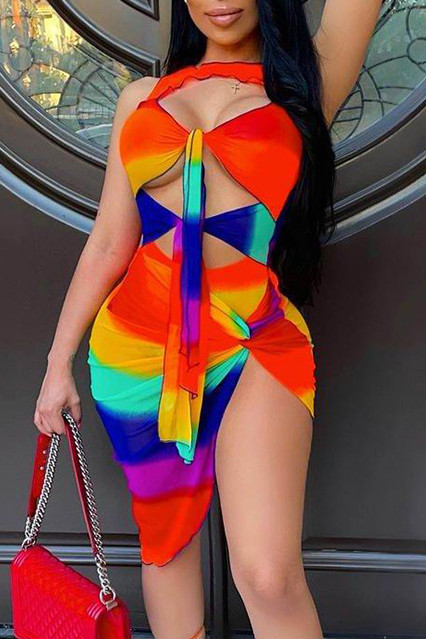 Rainbow Color Fashion Sexy Print Hollowed Out O Neck Sleeveless Two Pieces