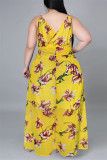 Yellow Fashion Casual Print Backless V Neck Sling Dress